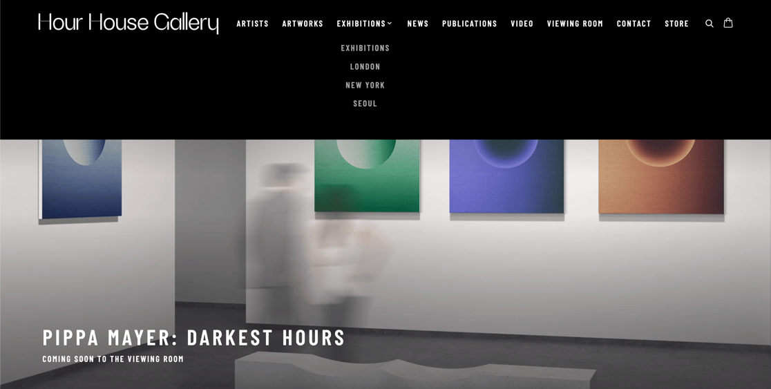 Screenshot of an example Artlogic website with dropdown menu displayed